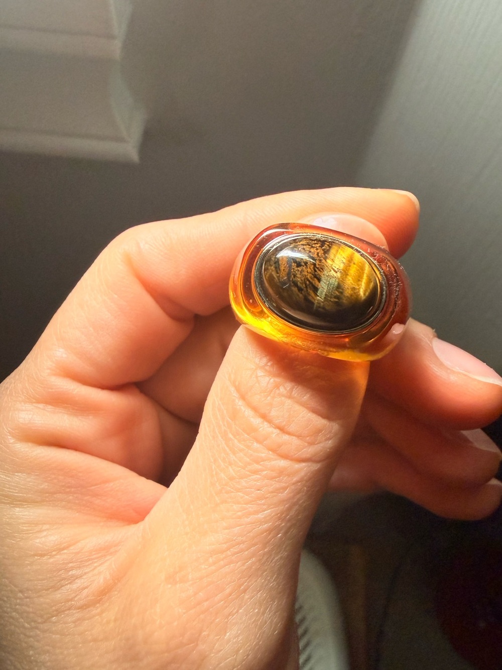 FREE PEOPLE Amber Resin Ring with Tiger's Eye Cabochon - Picture 3 of 3
